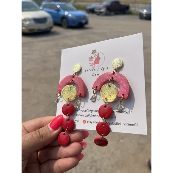 Handmade  Red And gold  Polymer Clay   Dangle Earrings - Picture 3 of 9